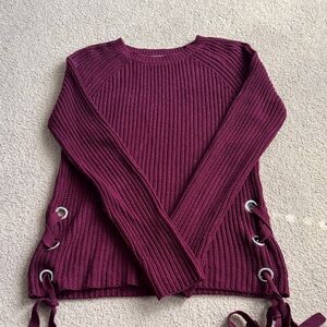 Burgundy Knit Sweater with Side Lace-Up Detail